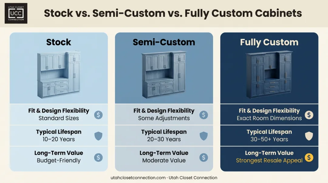 Stock versus semi-custom versus fully custom cabinet comparison chart