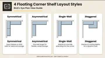 Four floating corner shelf layout arrangements symmetrical asymmetrical single-wall and staggered