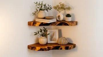 Rustic natural wood corner shelf displaying organic textures and warm décor objects