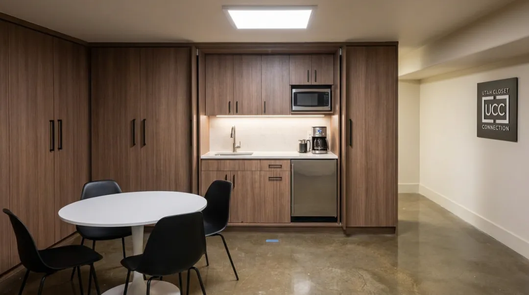 Custom commercial break room cabinetry installation with concealed kitchenette storage