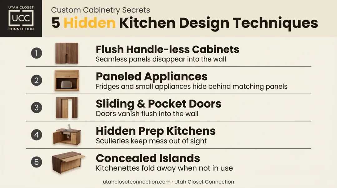 5 hidden kitchen design techniques for concealing appliances and prep areas