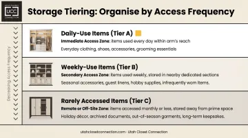 Three-tier ABC item access frequency classification system for workspace storage