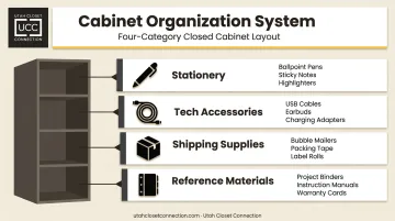 Office supply cabinet labeling system organized into four storage categories infographic