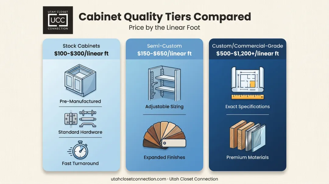 Stock semi-custom and fully custom cabinet pricing tiers comparison