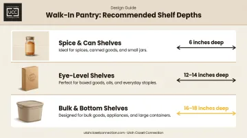 Pantry shelf depth guide showing ideal measurements by item type and frequency