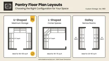Three walk-in pantry layout configurations U-shape L-shape and galley compared