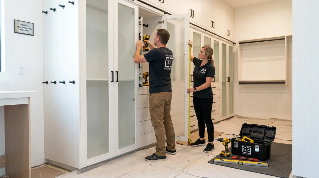 Utah Closet Connection team installing custom built-in cabinetry on-site