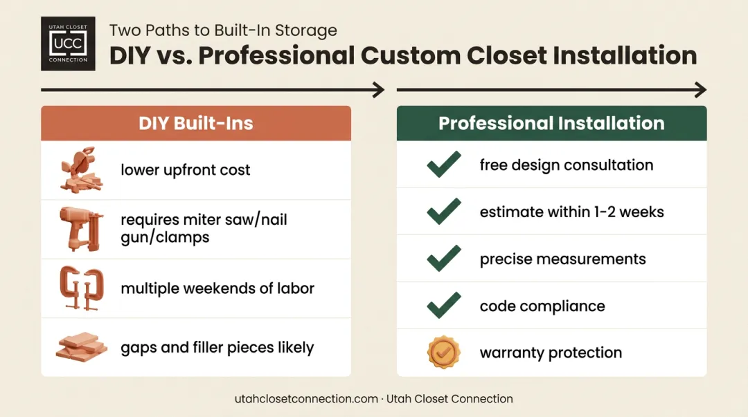 DIY versus professional custom built-in cabinet installation comparison infographic