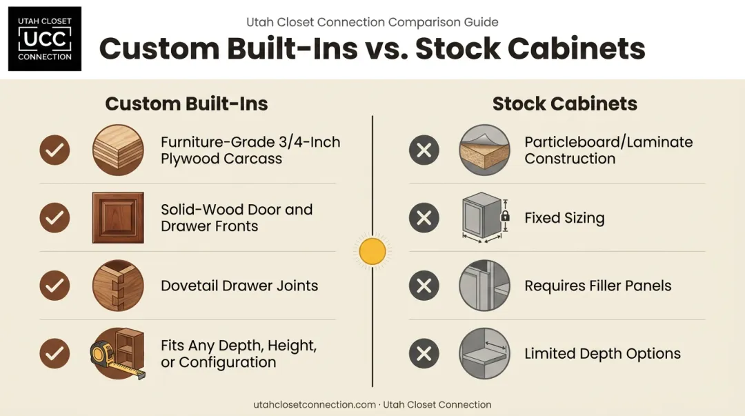 Custom cabinetry versus stock cabinets material and construction comparison infographic
