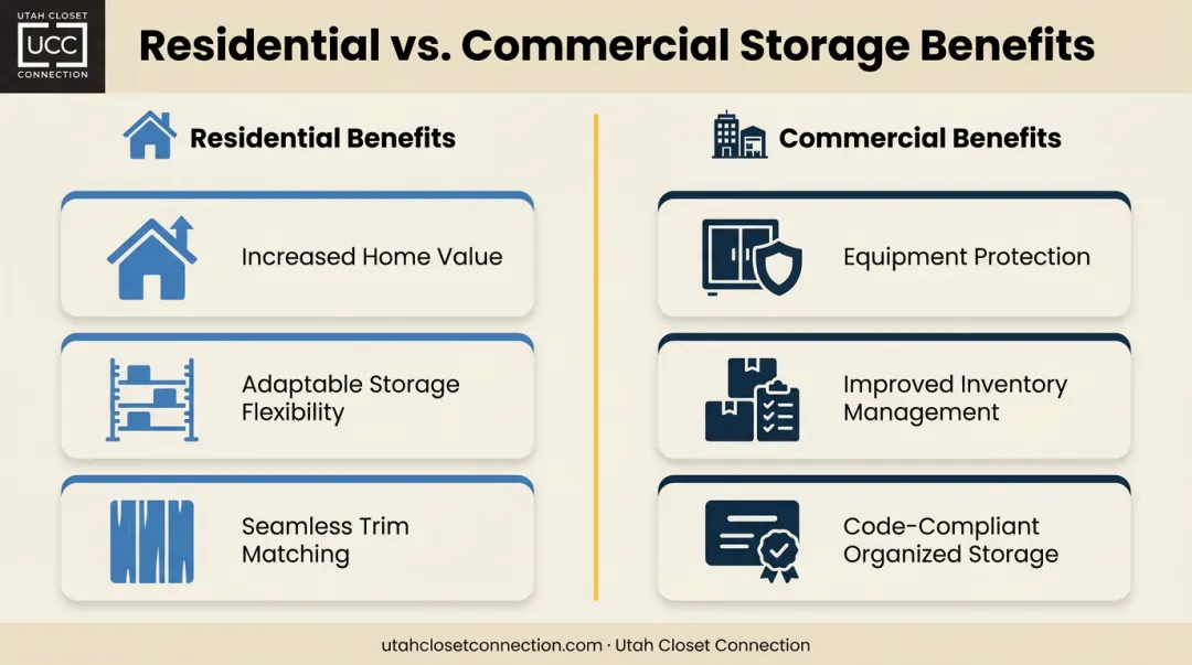 Home versus commercial custom built-in cabinet benefits comparison infographic