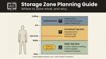 Three-zone vertical storage system daily occasional and archival height ranges