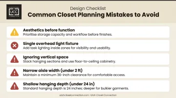 Five common luxury walk-in closet planning mistakes to avoid checklist infographic