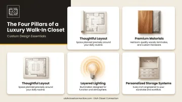 Four pillars of luxury walk-in closet design infographic with icons