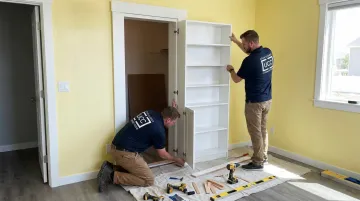 Utah Closet Connection craftsman installing custom hidden bookcase door panel