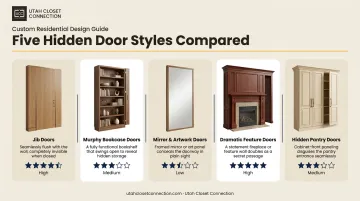 Five popular hidden door styles compared by budget and complexity level