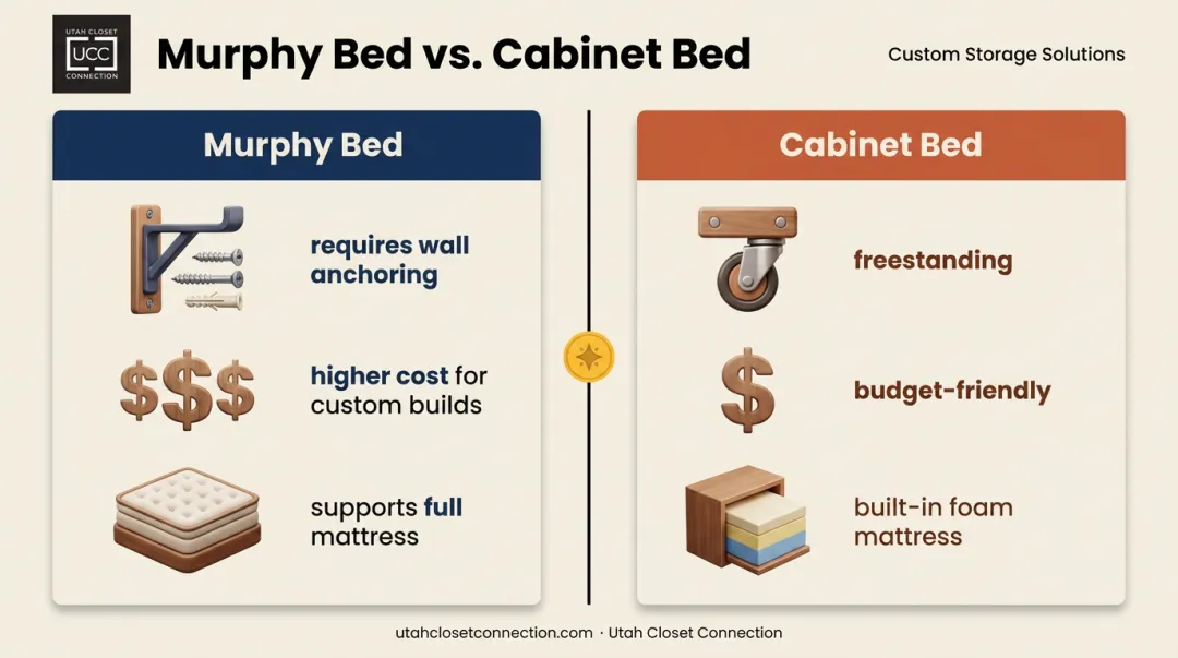 Murphy bed versus cabinet bed cost installation and mattress comparison chart