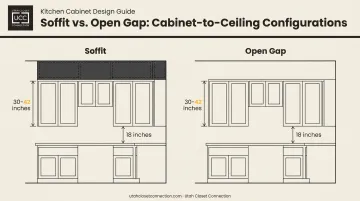 Soffit versus open gap comparison diagram showing kitchen cabinet ceiling space