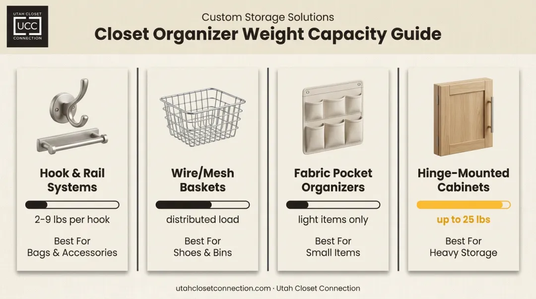 Comparison of four over-the-door storage organizer types and weight limits