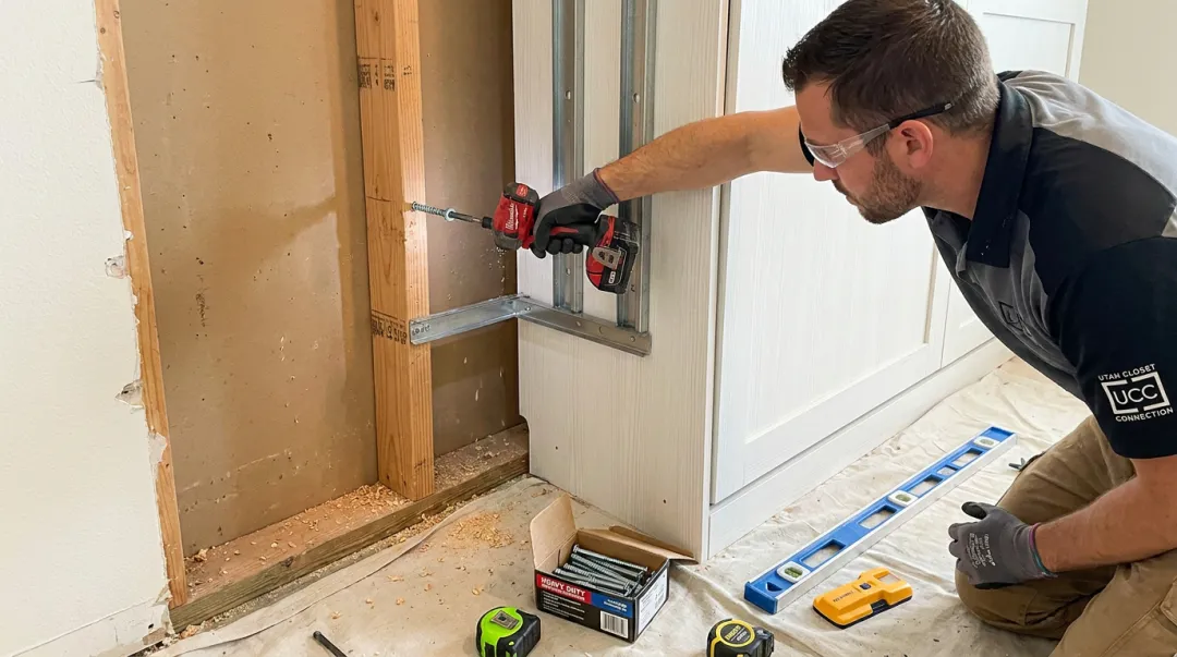 Licensed contractor securely mounting wall bed into wall studs