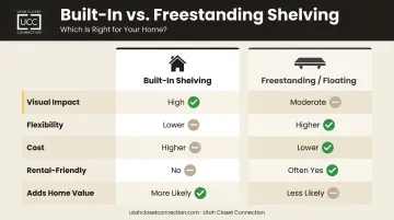 Built-in versus freestanding shelving five-factor side-by-side comparison infographic