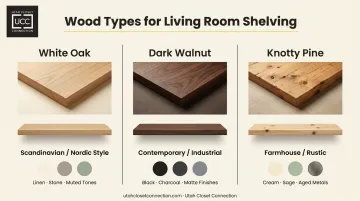 Wood shelf tone guide comparing white oak walnut and pine for living room styles