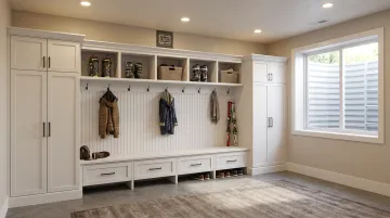 Custom built-in basement mudroom cubby system with hooks bench and boot storage