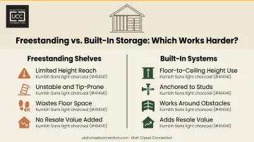 Built-in basement shelving versus freestanding shelves side-by-side comparison infographic