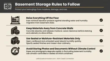 Basement storage risk prevention checklist infographic with moisture and material guidelines