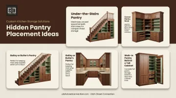 Four hidden pantry floor plan placement options comparison infographic