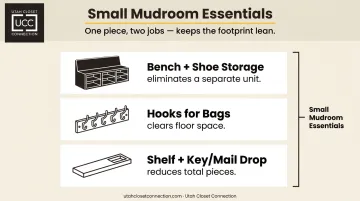 Three multi-functional small mudroom storage pieces bench hooks and shelf