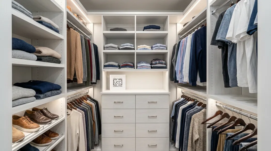 Utah Closet Connection custom closet installation with built-in shelving and drawers