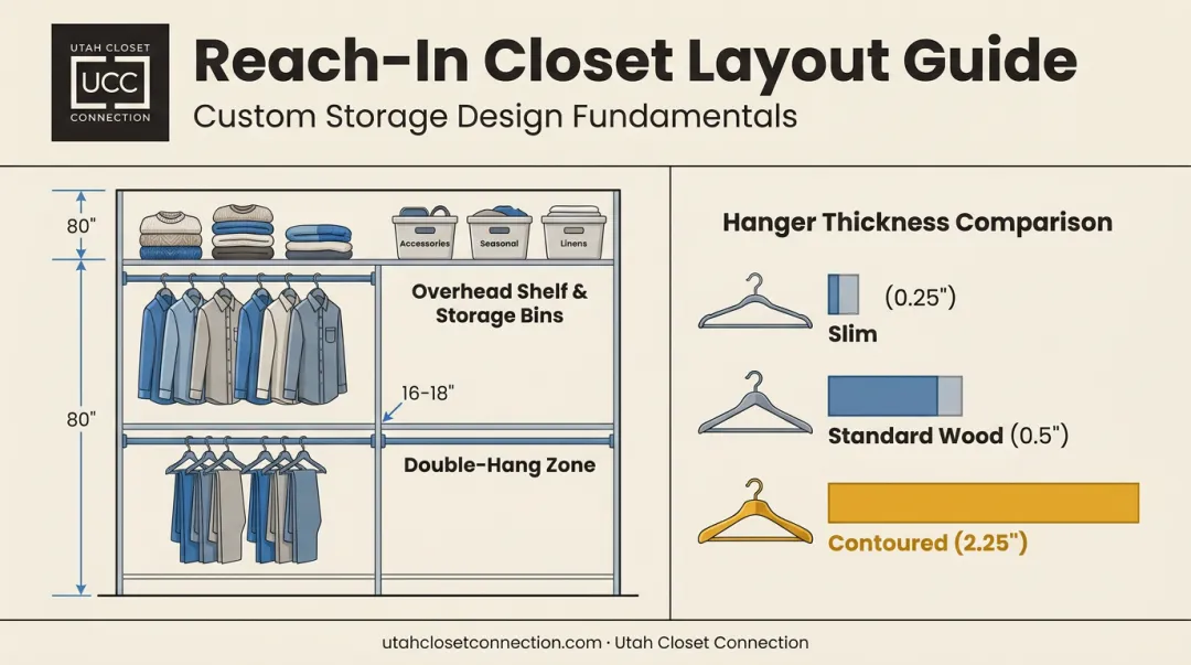Reach-in closet shelf height rod placement and hanger thickness diagram