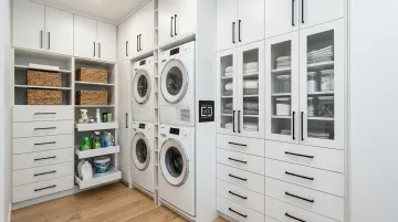 Stacked washer dryer unit flanked by white floor-to-ceiling cabinetry with black hardware