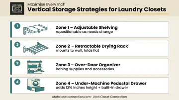 Laundry closet vertical storage strategies comparison including shelves racks pedestals and organizers