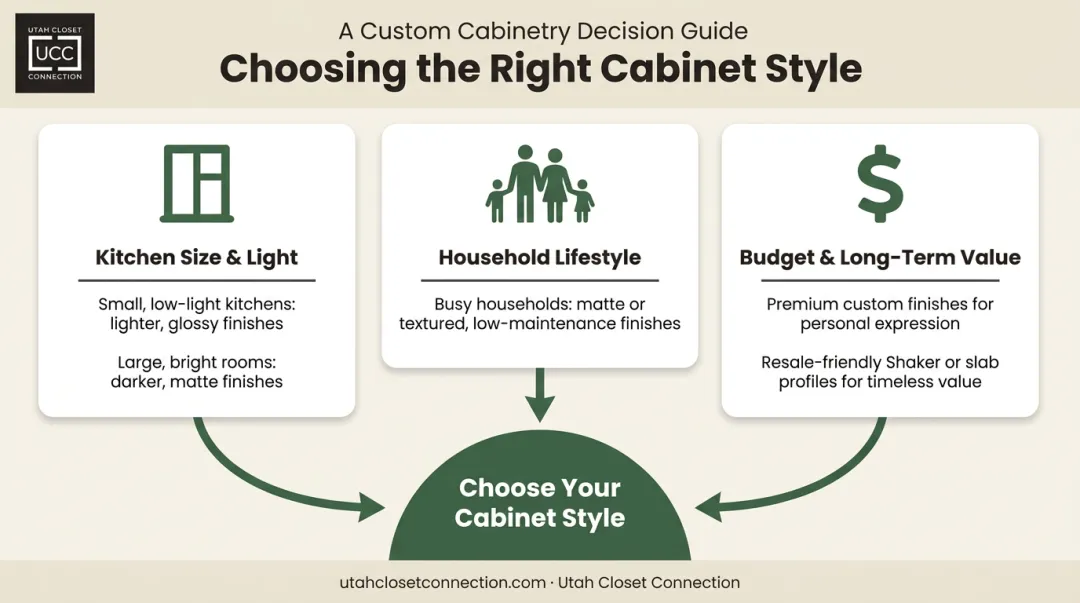 Kitchen cabinet style decision framework based on size lifestyle and budget