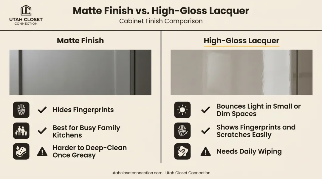 Matte versus high-gloss cabinet finish comparison showing pros and cons