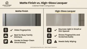 Matte versus high-gloss cabinet finish comparison showing pros and cons