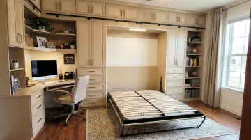 Custom Murphy bed wall unit with integrated cabinetry shelving and home office components