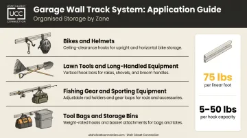 Wall-mounted garage track storage system common applications and weight capacities