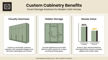 Concealed kitchen cabinet benefits infographic showing resale value and storage stats
