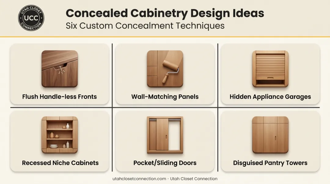 Six concealed kitchen cabinet design ideas grid infographic with icons