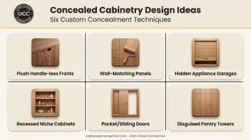 Six concealed kitchen cabinet design ideas grid infographic with icons
