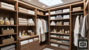 Custom built-in bathroom closet system with adjustable shelves and pull-out drawers