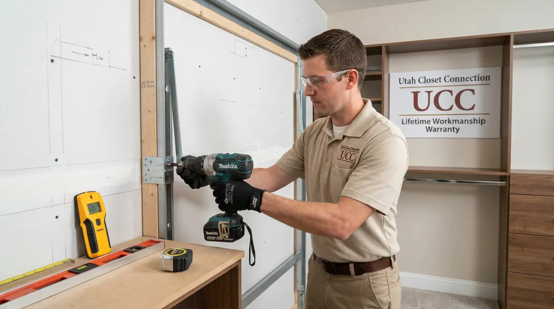 Licensed contractor anchoring Murphy bed frame into wall studs