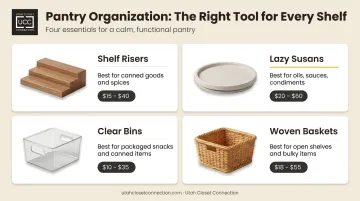 Pantry organization tools comparison shelf risers lazy Susans bins and baskets