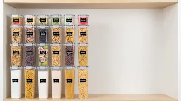 Rubbermaid Brilliance airtight food storage containers neatly organized on pantry shelf
