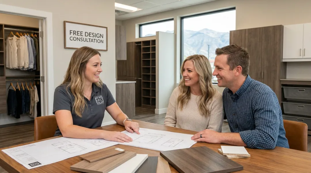 Utah Closet Connection design consultant reviewing custom kitchen cabinet plans