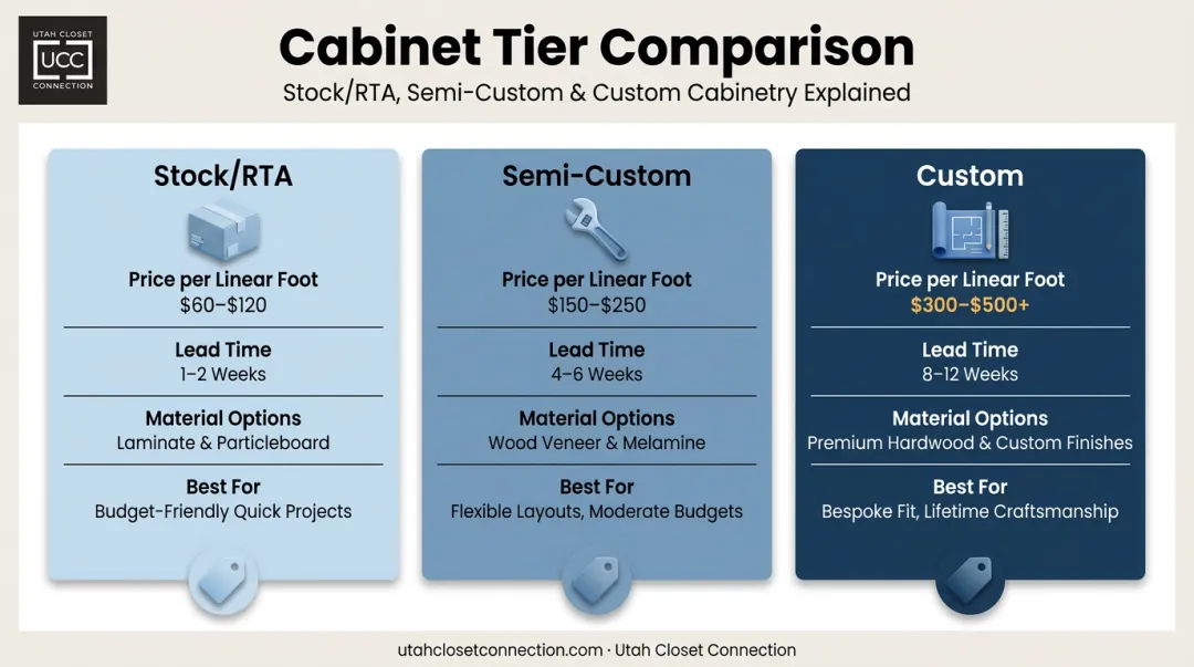 Comparison of stock semi-custom and custom kitchen cabinet pricing tiers