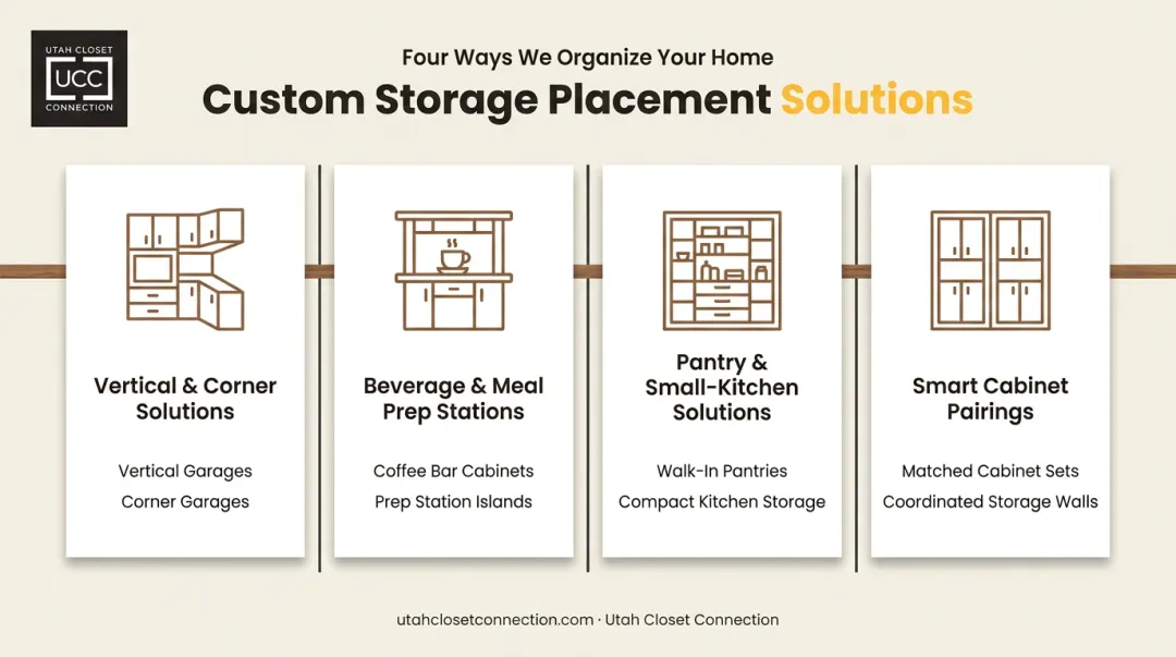 Kitchen appliance garage placement ideas grouped by layout category