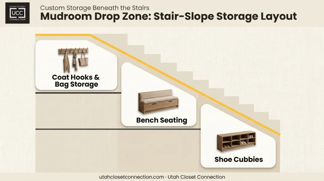 Three-tier vertical mudroom drop zone layout under staircase
